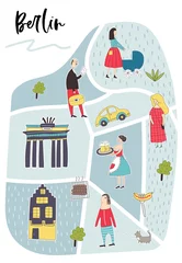 Illustrierter Stadtplan von Berlin mit niedlichen und lustigen handgezeichneten Charakteren, Pflanzen und Elementen. Farbvektorabbildung © Oksana Stepova