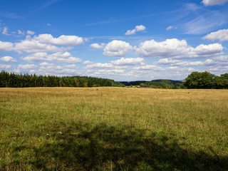 Felder und Wiesen mit wolkenreichem Himmel