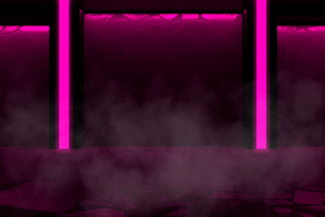 Background of empty room with concrete walls and floor, pink neon light, smoke