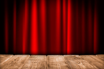 Interior background - empty wooden table and red curtain