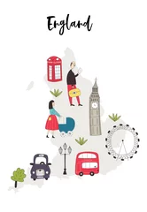 Illustrierte Karte von England mit niedlichen und lustigen handgezeichneten Charakteren, Pflanzen und Elementen. Farbvektorabbildung © Oksana Stepova