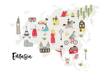 Illustrated World Map with fun hand drawn characters, plants and elements. Cartoon color vector illustration