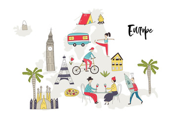 Illustrierte Europakarte mit lustigen handgezeichneten Charakteren, Pflanzen und Elementen. Cartoon-Farbvektor-Illustration © Oksana Stepova