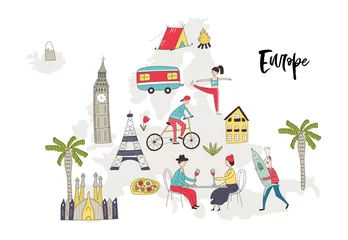 Illustrierte Europakarte mit lustigen handgezeichneten Charakteren, Pflanzen und Elementen. Cartoon-Farbvektor-Illustration © Oksana Stepova
