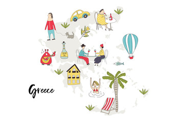 Illustrated Map of Greece with cute and fun hand drawn characters, plants and elements. Color vector illustration