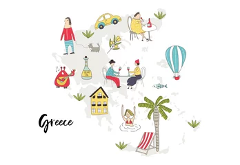 Illustrierte Karte von Griechenland mit niedlichen und lustigen handgezeichneten Charakteren, Pflanzen und Elementen. Farbvektorabbildung © Oksana Stepova