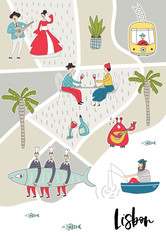 Illustrated Map of Lisbon with cute and fun hand drawn characters, local plants and elements. Color vector illustration - 248716799