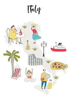 Illustrated Map of Italy with cute and fun hand drawn characters, plants and elements. Color vector illustration