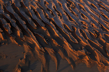 Marokko, M`Hamid, Wuestenlandschaft im Morgenlicht, Strukturen im Sand