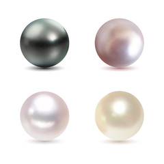 Vector Illustration. Shiny natural black, white, light-pink, pink pearl with light effects. Set of pearl