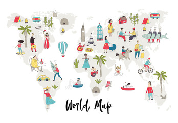 Illustrated World Map with fun hand drawn characters, plants and elements. Cartoon color vector illustration - 248717965