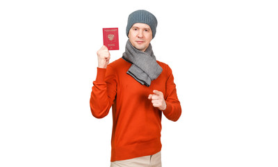 The Caucasian man with the international passport of the Russian Federation in warm clothes. Points a finger at the camera