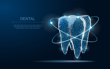 Tooth. Abstract low poly shine bright tooth illustration. Blue background and stars.