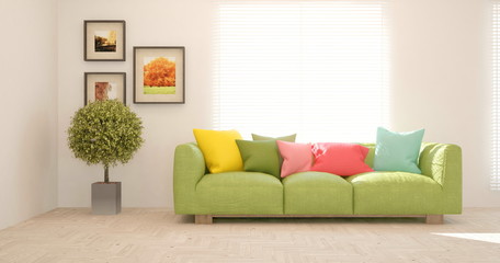 White stylish minimalist room with colorful sofa i n hight resolution. Scandinavian interior design. 3D illustration