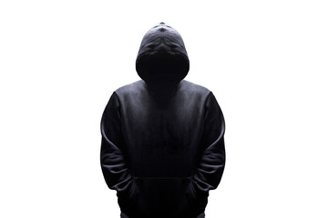 silhouette of a man in a hood isolated on white background, concept incognito