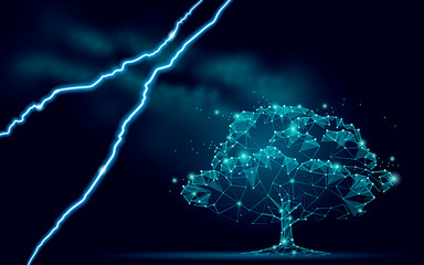 Ecological danger abstract tree concept. Ecology nature pollution save planet forest banner. Lightning threat deforested Earth. 3d render starry space vector illustration