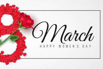 Romantic banner for 8 March. Happy Womens Day. Number 8 of rose petals. Realistic rose flower. Romantic composition. Gift card. Vector illustration