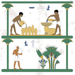 Ancient egypt background. Water carriers at work. Man taking water jug to cane plantation. Historical background. Ancient people