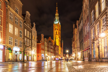 Fototapeta premium Long Market, the main street of Gdansk, evening illuminated view, no people