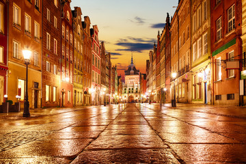 Long Market evening view with bright lights, Gdansk, Poland