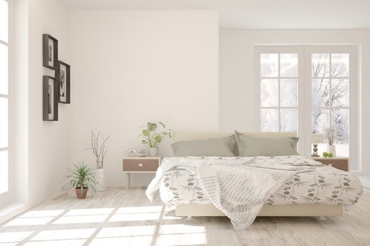 White stylish minimalist bedroom in hight resolution with winter landscape in window. Scandinavian interior design. 3D illustration