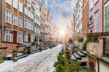 Naklejka premium Mariacka street, a famous street in Gdansk, Poland, sunrise view