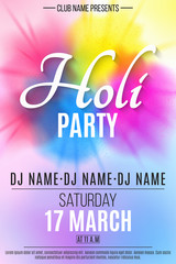 Happy Holi party flyer. Indian Festival of Colors. Spray multicolored paint. Invitation poster. DJ and club name. Paint blast. Vector illustration