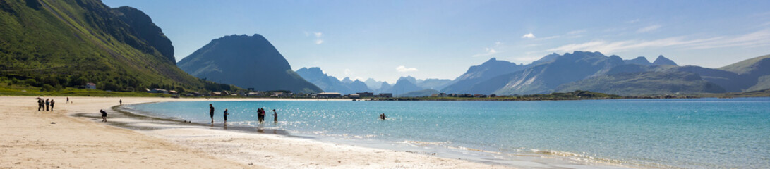 Ramberg beach and mountains on Flakstadoya island in Lofoten in Norway