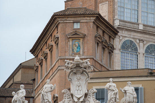 Vatican City, April 26, 2017: Mosaic on the Mater Ecclesiae Monastery inside Vatican City, Saint Peter's Square, Vatican City State, Italy