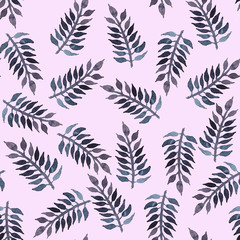  Pattern with watercolor leaves on a pink background