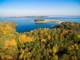 Aerial view of beautiful landscape of Mazury region during autumn season, Mamry Lake in the...