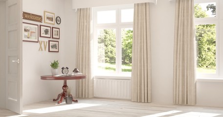 White stylish empty room in hight resolution with summer landscape in window. Scandinavian interior design. 3D illustration