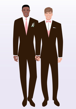 Queer Wedding. Gay groom couple newlyweds. Elegant interracial couple of men wearing suits for groom, tie, bow tie and flowers on lapel. LGBTQ Rights