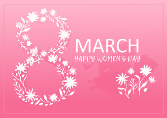 Tender pink greeting card for 8 March, happy womens day, with white number floral silhouette. Rectangular frame with lovely flowers bouquet for spring holidays banners and postcards design
