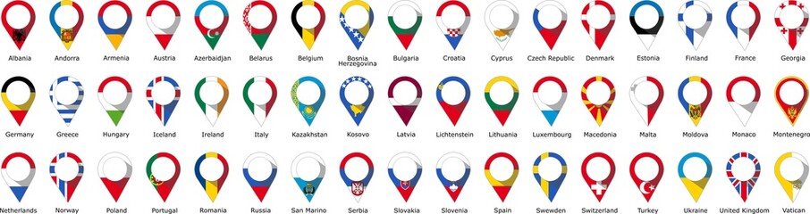 Flags in the form of pins of the countries of Europe Geographical with the name of each country written below