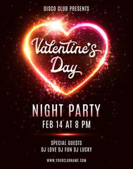 Fototapeta na wymiar Valentines Day Party poster or flyer design template on dark red background. Electric wire heart frame. 80s style night club disco music dance event. Bright retro neon vector invitation illustration.