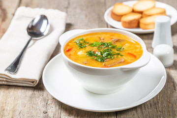 Red lentil soup with vegetables. The view from the top. Copy-space.
