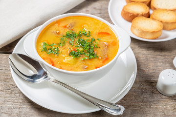 Red lentil soup with vegetables. The view from the top. Copy-space.