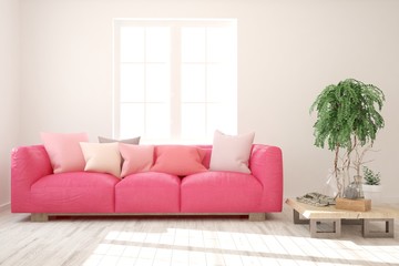 White stylish minimalist room in hight resolution with coral sofa. Scandinavian interior design. 3D illustration