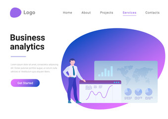 Business Analysis Analytics Flat style vector illustration landing page banner. Man standing near web browser with global data charts, graphs, diagrams.