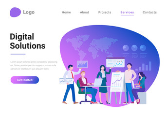 Digital Solutions Business Analytics Planning Management Marketing vector illustration. Teamwork people standing sitting with graphics charts and diagrams statistics banner poster design.