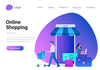 Shopping Online E-commerce Flat style landing page banner vector illustration. Electronic business, sales concept. Man and woman near store shop as smartphone.