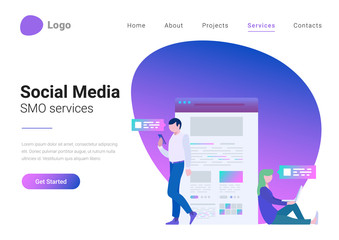 Social Media Flat style vector illustration landing page banner. SMO services landing page banner template. People standing sitting with devices near Web Browser and talking online.
