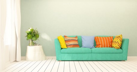 Fototapeta na wymiar White stylish minimalist room in hight resolution with colorful sofa. Scandinavian interior design. 3D illustration