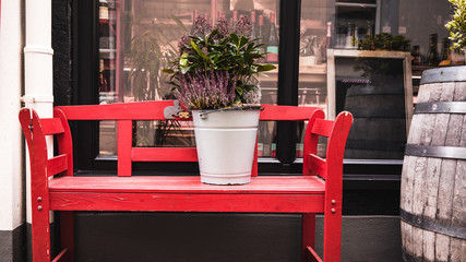 View of spring exterior decoration, flowers on sunny day, banner. Essen, Germany
