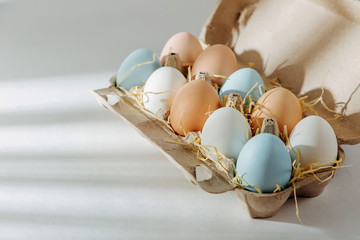 Natural Colored brown and white Eggs in egg box with sunlights.. Compositions in pastel colors. Easter consept.