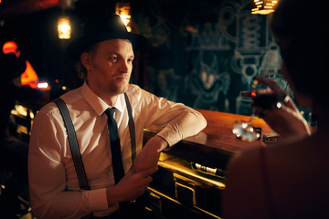 Romantic love story in the bar 40s. Retro style.