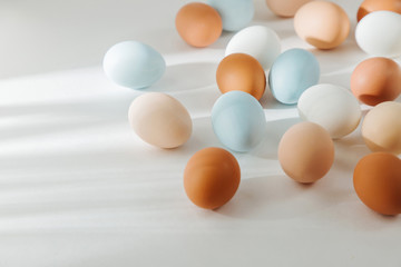 Natural Colored Eggs with sunlights. Compositions in pastel colors. Easter consept.  Flat lay, top view
