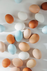Natural Colored Eggs with sunlights. Compositions in pastel colors. Easter consept.  Flat lay, top view