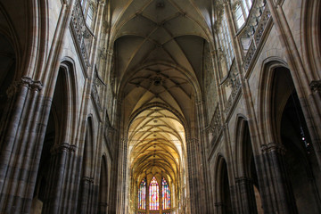 Fototapeta na wymiar Interior of St. Vitus Cathedral in Prague, Czech Republic. Ceiling arch view
